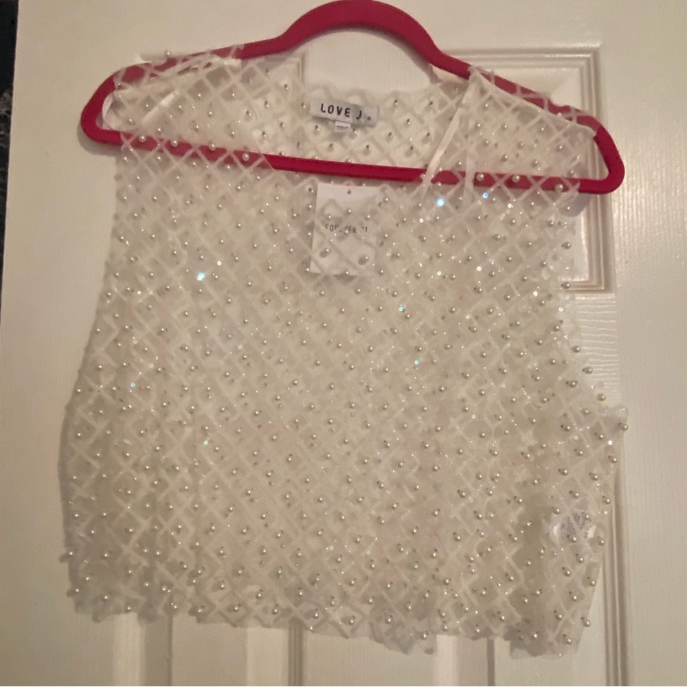 Love J White Pearl Embellished Crop Top
